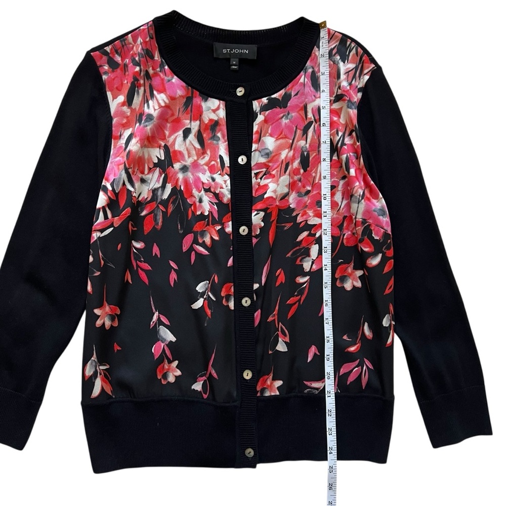 St. John Pink Cascading Floral Silk Black Sweater Cardigan Size M Office Career - Picture 10 of 12